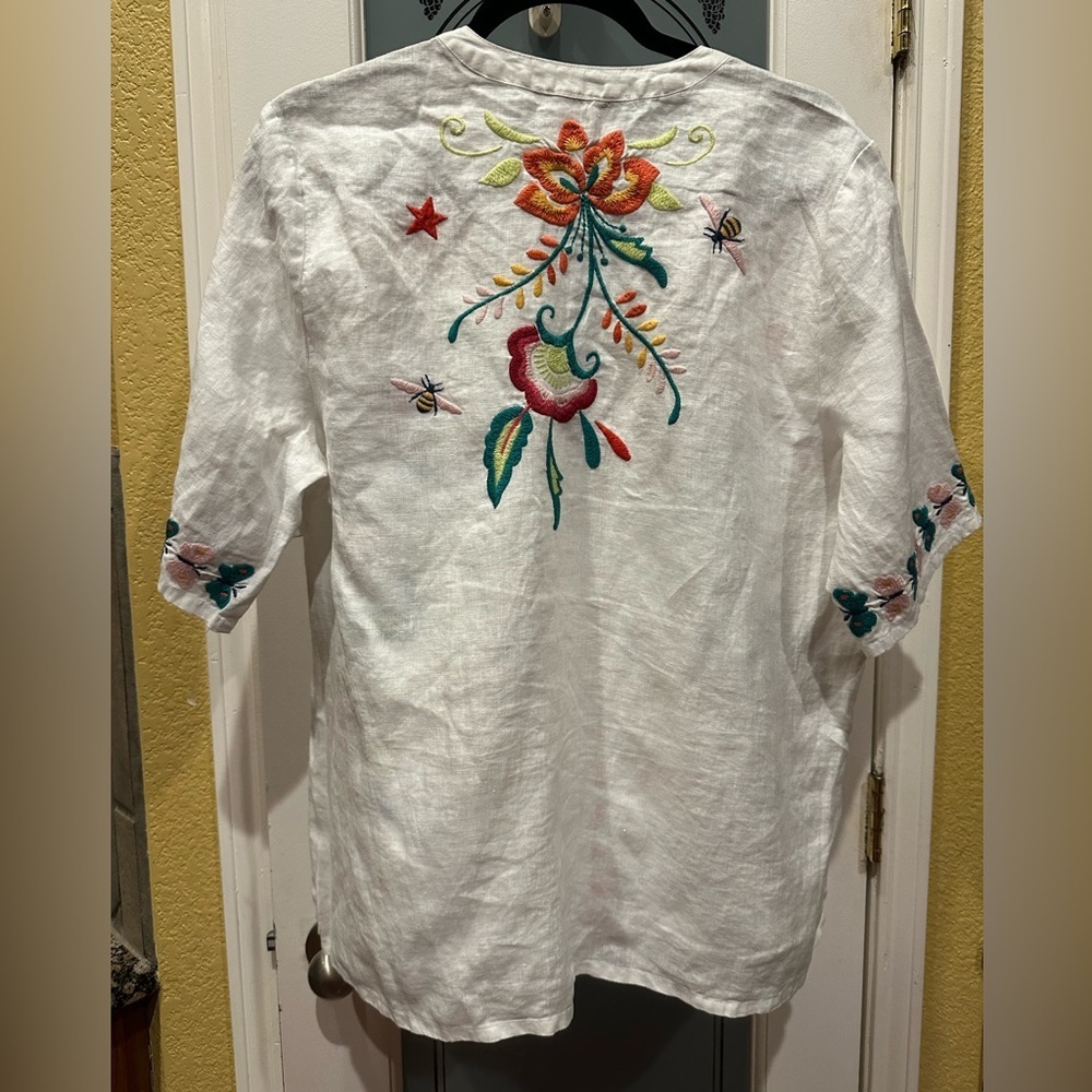 Johnny Was Floral Embroidered White Tunic 100% linen size L - Picture 4 of 8